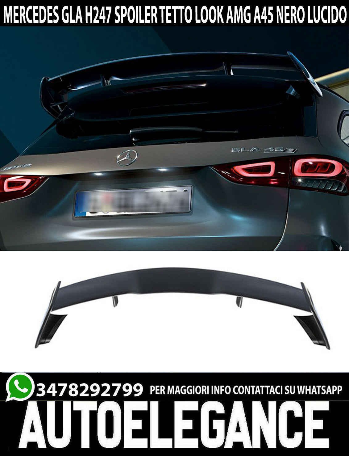 MERCEDES GLA H247 2020+ SPOILER POSTERIORE AMG TETTO ABS NERO LUCIDO A45