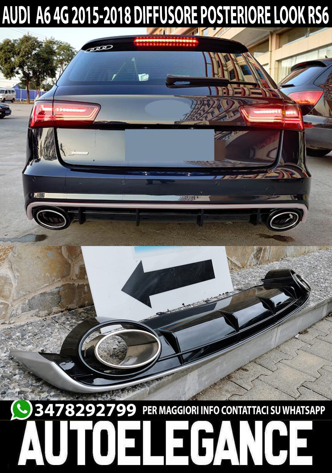 UNDER REAR BUMPER AND TIPPER AUDI A6 4G 2015-2018 RS6 DIFFUSER SATIN