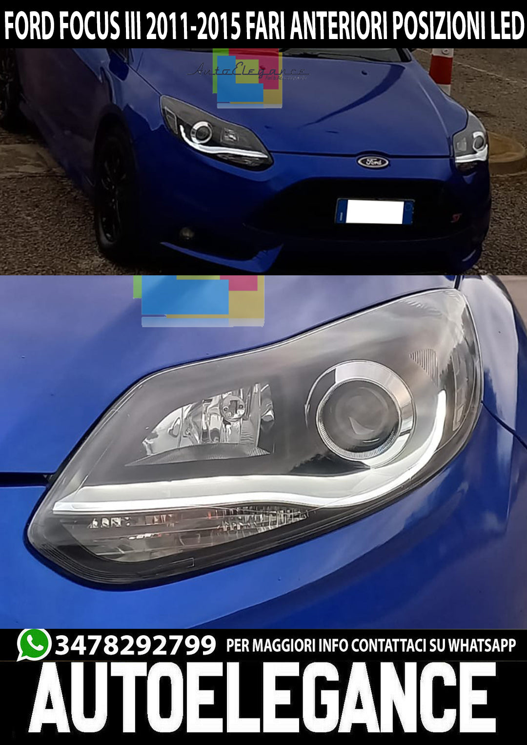 FORD FOCUS MK3 2010-2014 COPPIA FARI ANTERIORI DIURNE LED LENTICOLARI NERI ...