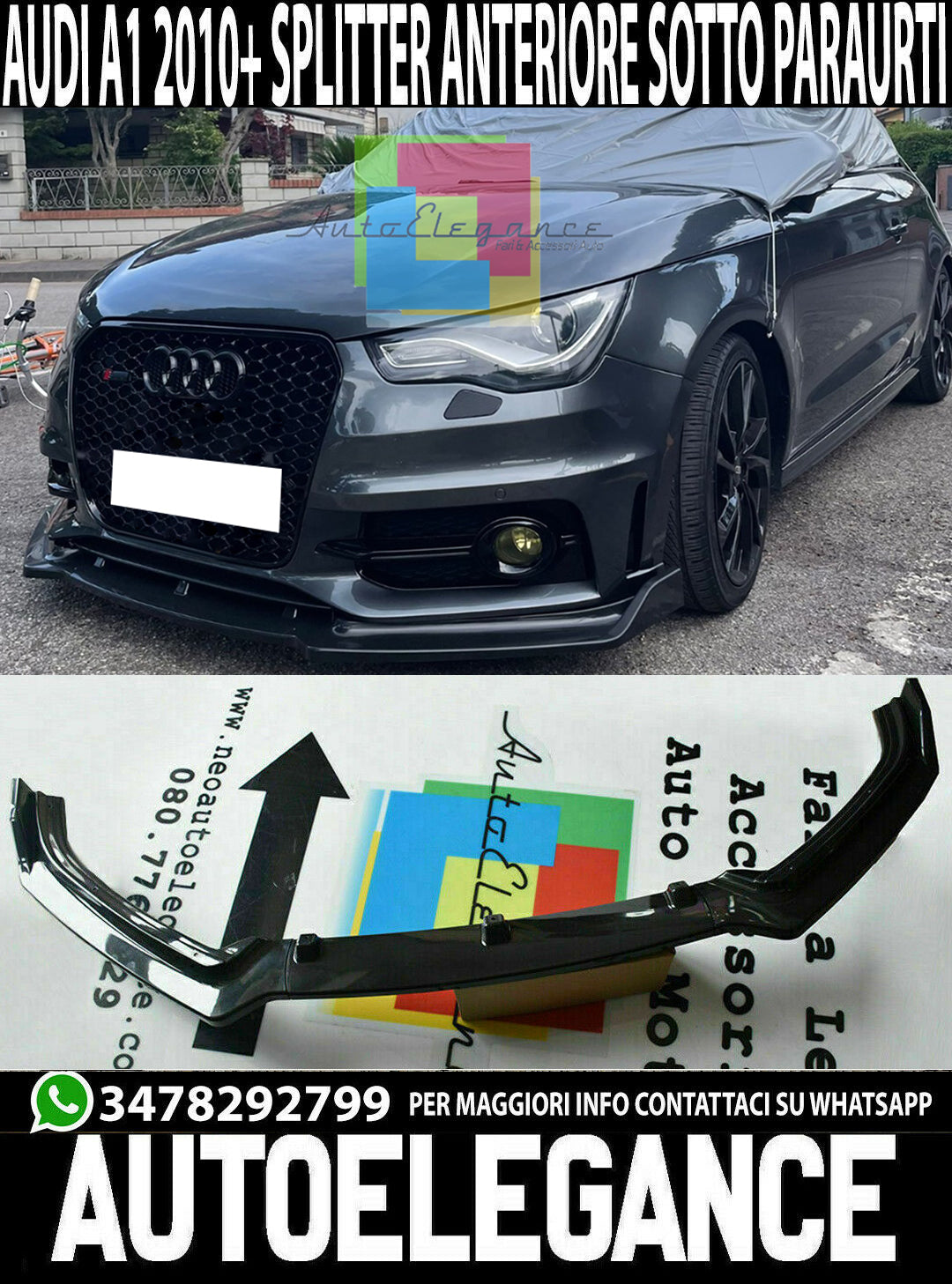 AUDI A1 2010-2016 LAMA SOTTO PARAURTI ANTERIORE ABS LOOK SPORTIVO NERO SPLITTER RS1 AUTOELEGANCERICAMBI