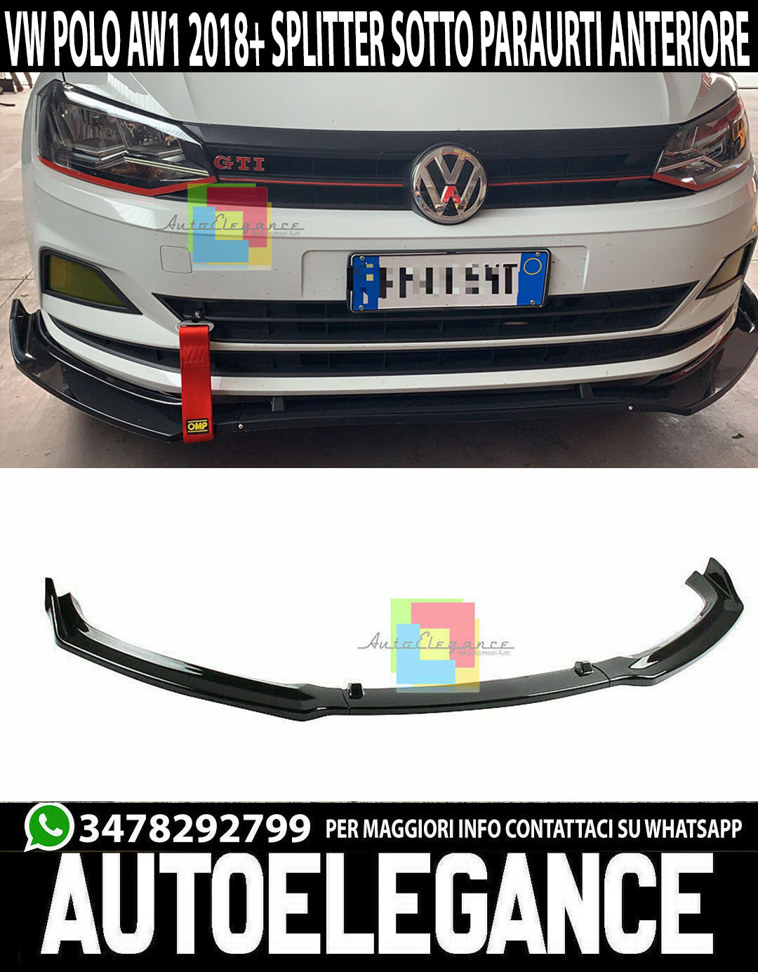 SPLITTER LAMA PER VW POLO AW1 DAL 2017+ SPOILER SOTTO PARAURTI ANTERIORE ABS NERO