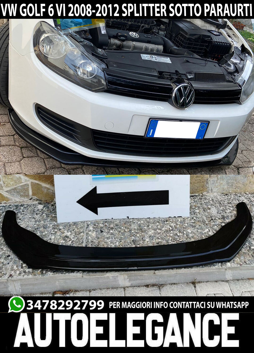 VW GOLF 6 VI 2008-2012 SPLITTER SOTTO PARAURTI ANTERIORE ABS NERO LUCIDO