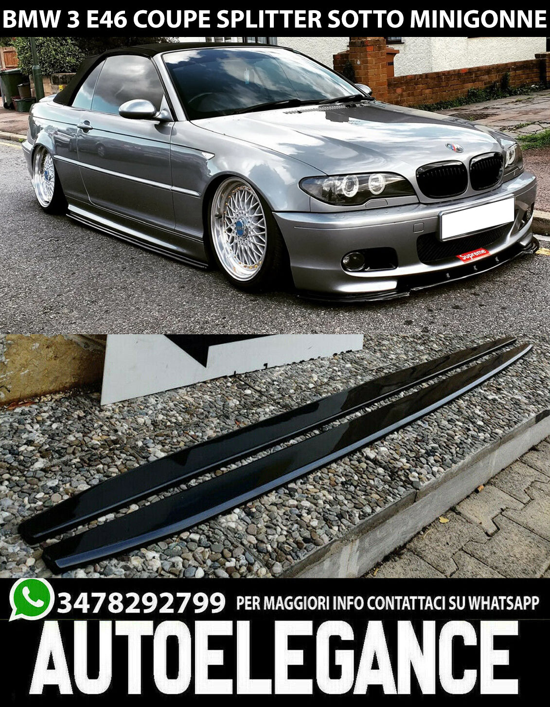 BMW SERIE 3 E46 COUPE SPLITTER SOTTO MINIGONNE LATERALI ABS NERO LUCIDO 0070 AUTOELEGANCERICAMBI