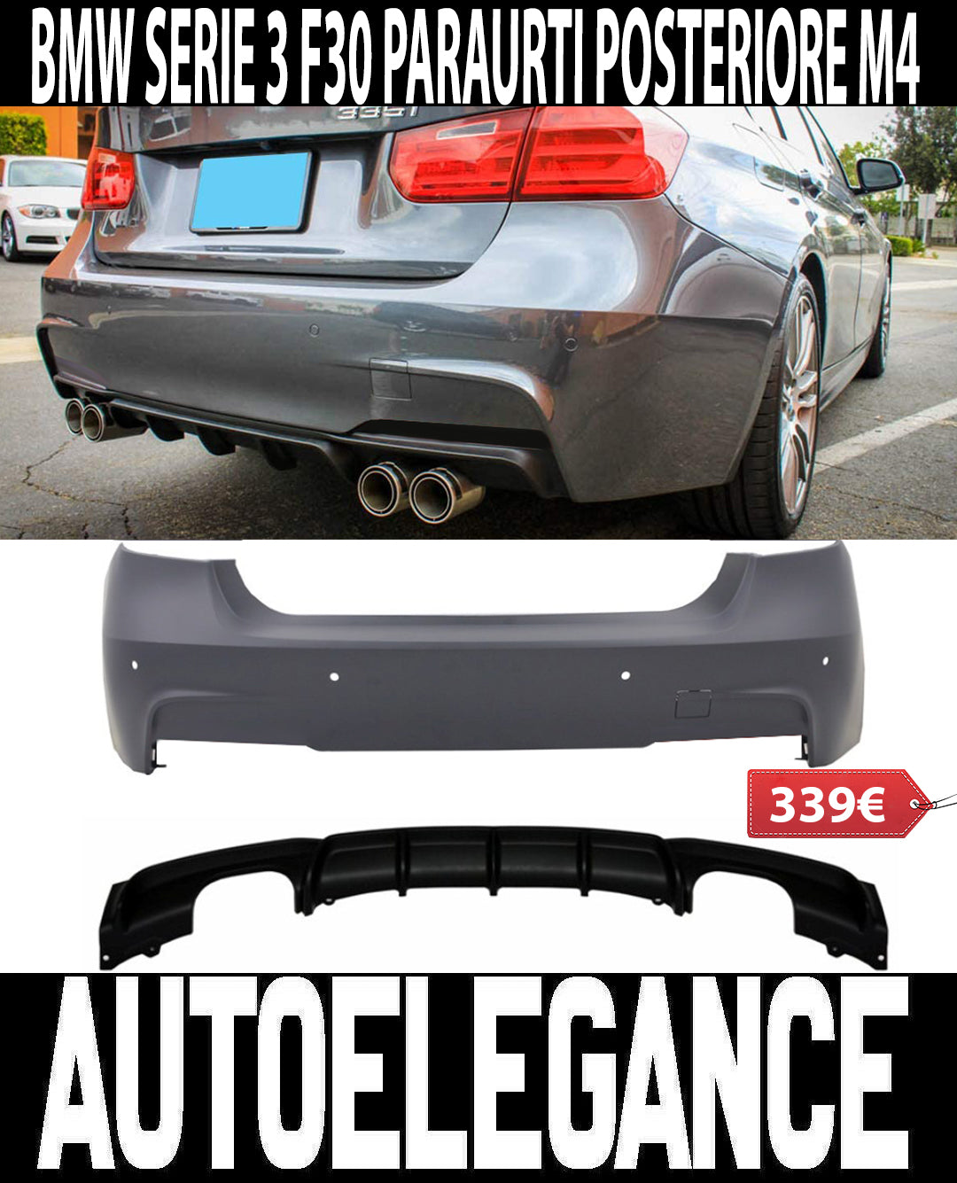 BMW SERIE 3 F30 BERLINA 2011+ PARAURTI POSTERIORE DOPPIO LOOK M SPORT M3 AUTOELEGANCERICAMBI