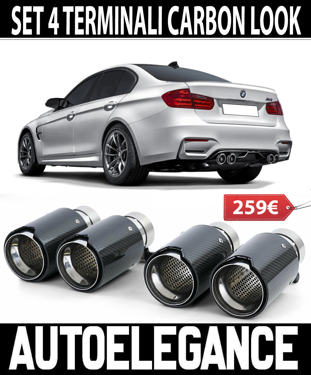 BMW SERIE 3 F30 F31 4x TERMINALI DI SCARICO ACCIAIO CARBONIO LOOK M3 AUTOELEGANCERICAMBI