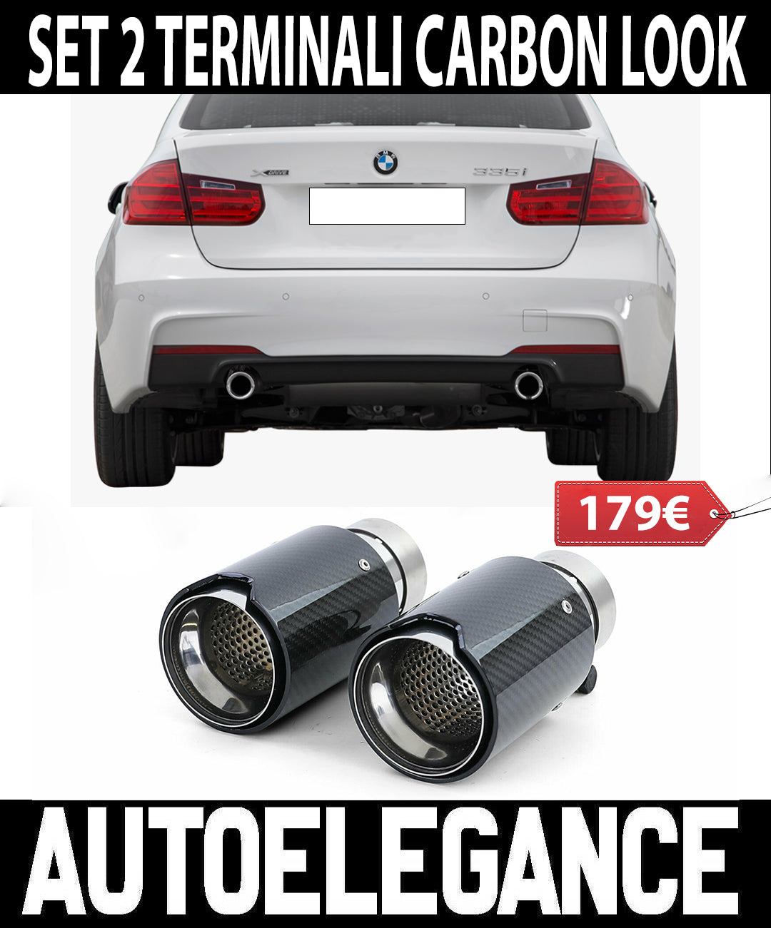 BMW SERIE 3 F30 F31 2x TERMINALI DI SCARICO ACCIAIO CARBONIO LOOK M SPORT AUTOELEGANCERICAMBI
