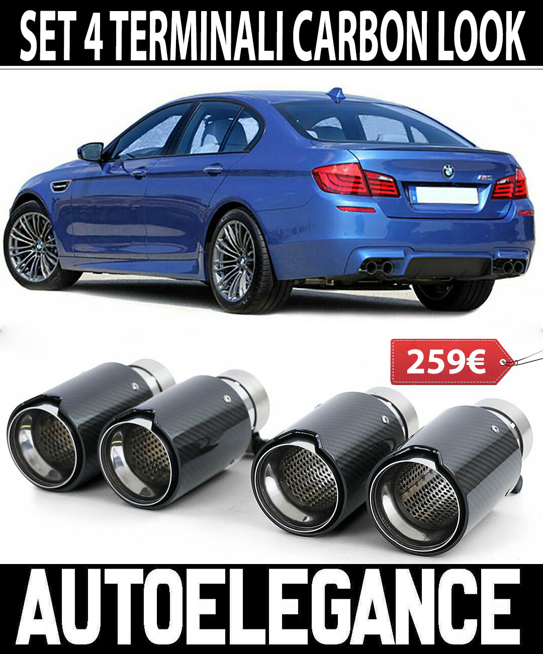 BMW SERIE 5 F10 F11 4x TERMINALI DI SCARICO ACCIAIO CARBONIO LOOK M5 AUTOELEGANCERICAMBI