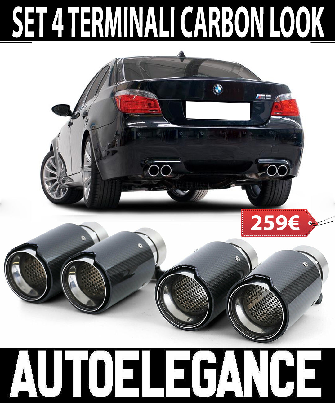 BMW SERIE 5 E60 E61 4x TERMINALI DI SCARICO ACCIAIO CARBONIO LOOK M5 AUTOELEGANCERICAMBI
