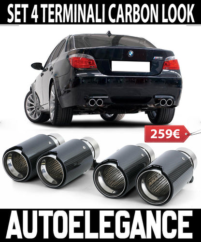 BMW SERIE 5 E60 E61 4x TERMINALI DI SCARICO ACCIAIO CARBONIO LOOK M5 AUTOELEGANCERICAMBI
