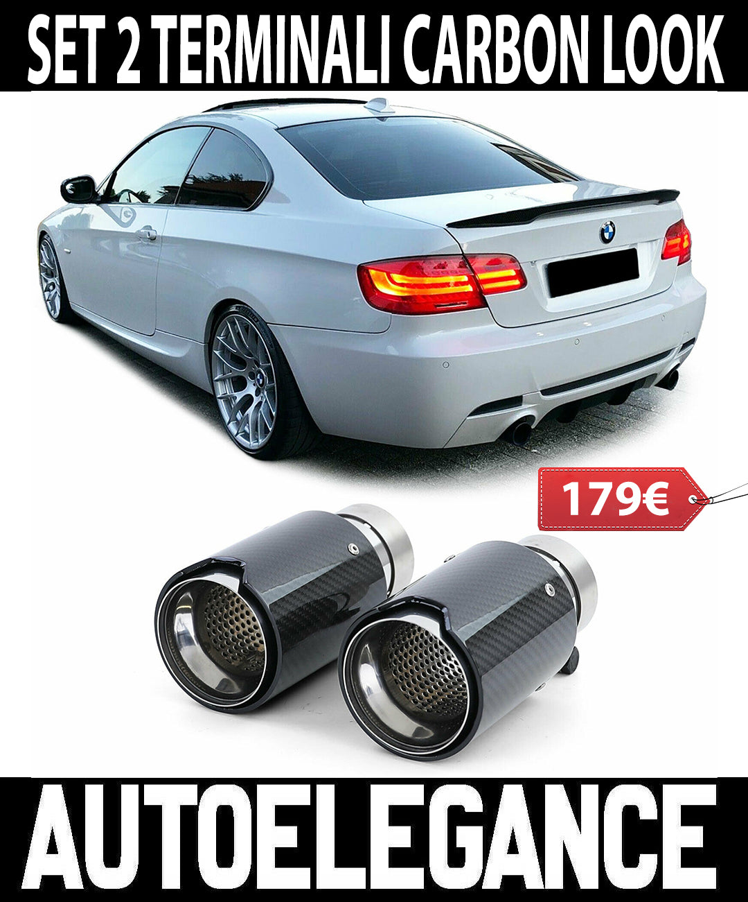 BMW SERIE 3 E90 E91 E92 2x TERMINALI DI SCARICO ACCIAIO CARBONIO LOOK M SPORT AUTOELEGANCERICAMBI