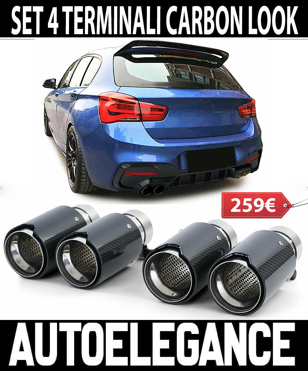 BMW SERIE 1 F20 F21 4x TERMINALI DI SCARICO ACCIAIO CARBONIO LOOK M1 AUTOELEGANCERICAMBI