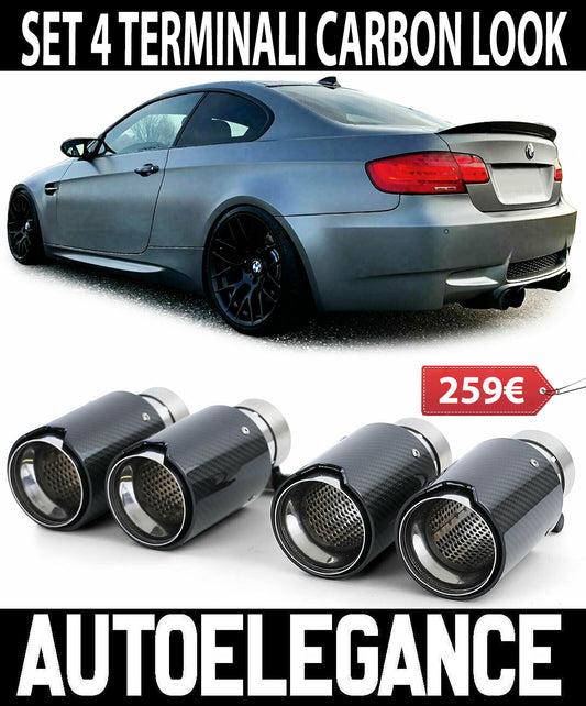 BMW SERIE 3 E90 E91 E92 E93 4x TERMINALI DI SCARICO ACCIAIO CARBONIO LOOK M3 AUTOELEGANCERICAMBI