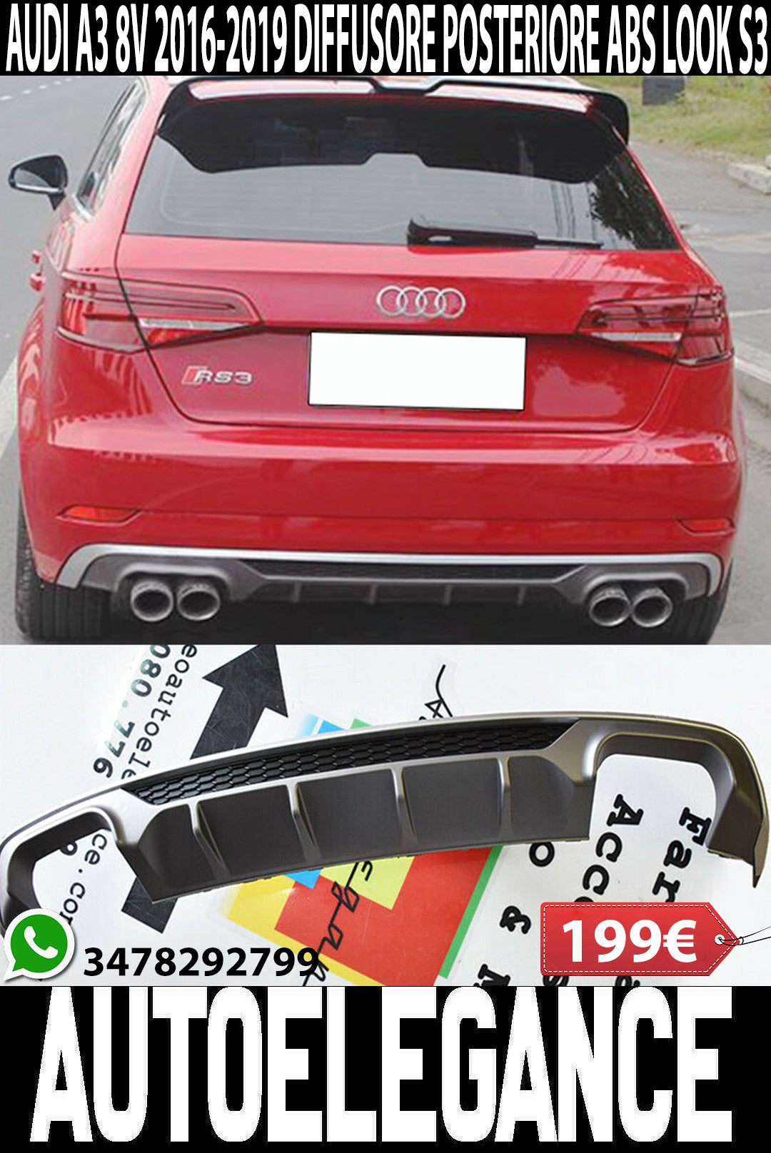 SOTTO PARAURTI AUDI A3 8V SPORTBACK DAL 2016+ RESTYLING DIFFUSORE S3 ABS PLASTIC