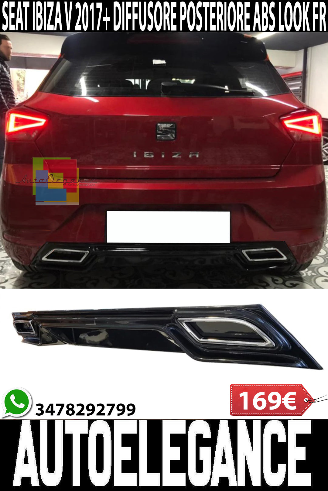 SEAT IBIZA 6F 2017+ DIFFUSORE POSTERIORE FR LOOK NERO ABS SPORTIVO .-.