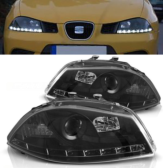 SEAT IBIZA 6L 2002-2008 FARI ANTERIORI NERI POSIZIONE LED LENTICOLARI H1 / H1