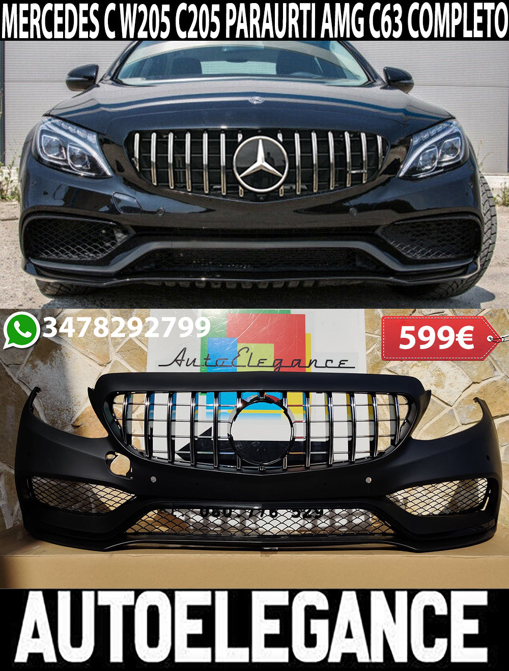 MERCEDES C W205 S205 C205 2014-2019 BUMPER WITH FRONT GRILLE AMG LOOK C63