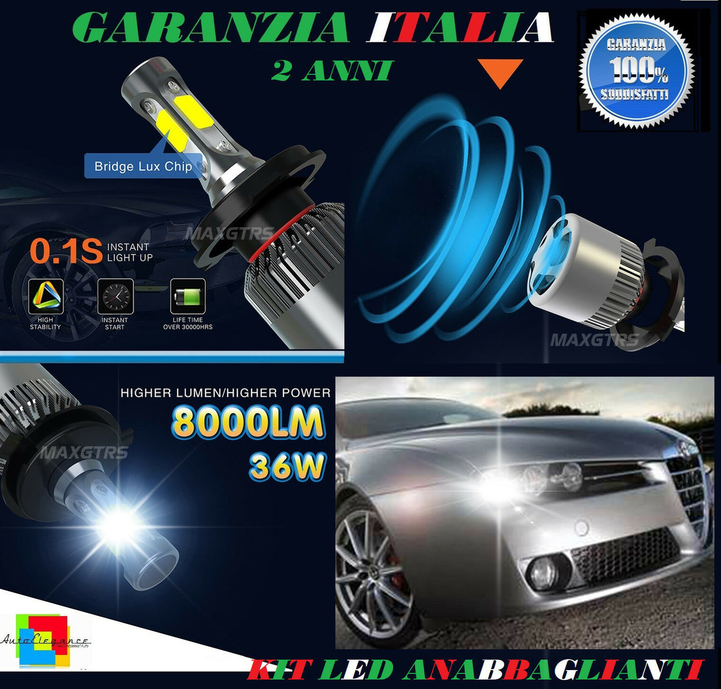 LAMPADE ANABBAGLIANTI 36W LED ALFA ROMEO 159 05-11 LAMPEGGIO ISTANTANEO 6000K