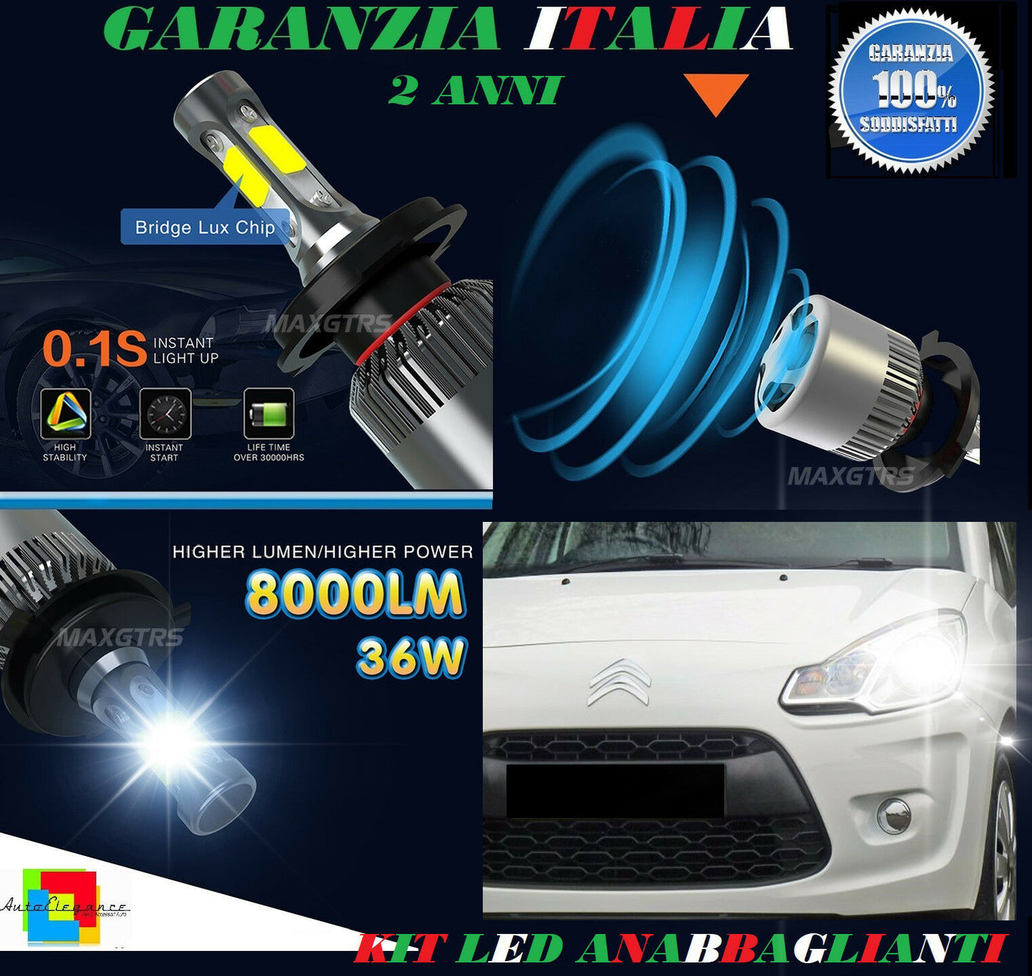LAMPADE ANABBAGLIANTI 36W LED CITROEN C3 II 2009-2015 ISTANTANEO 6000K