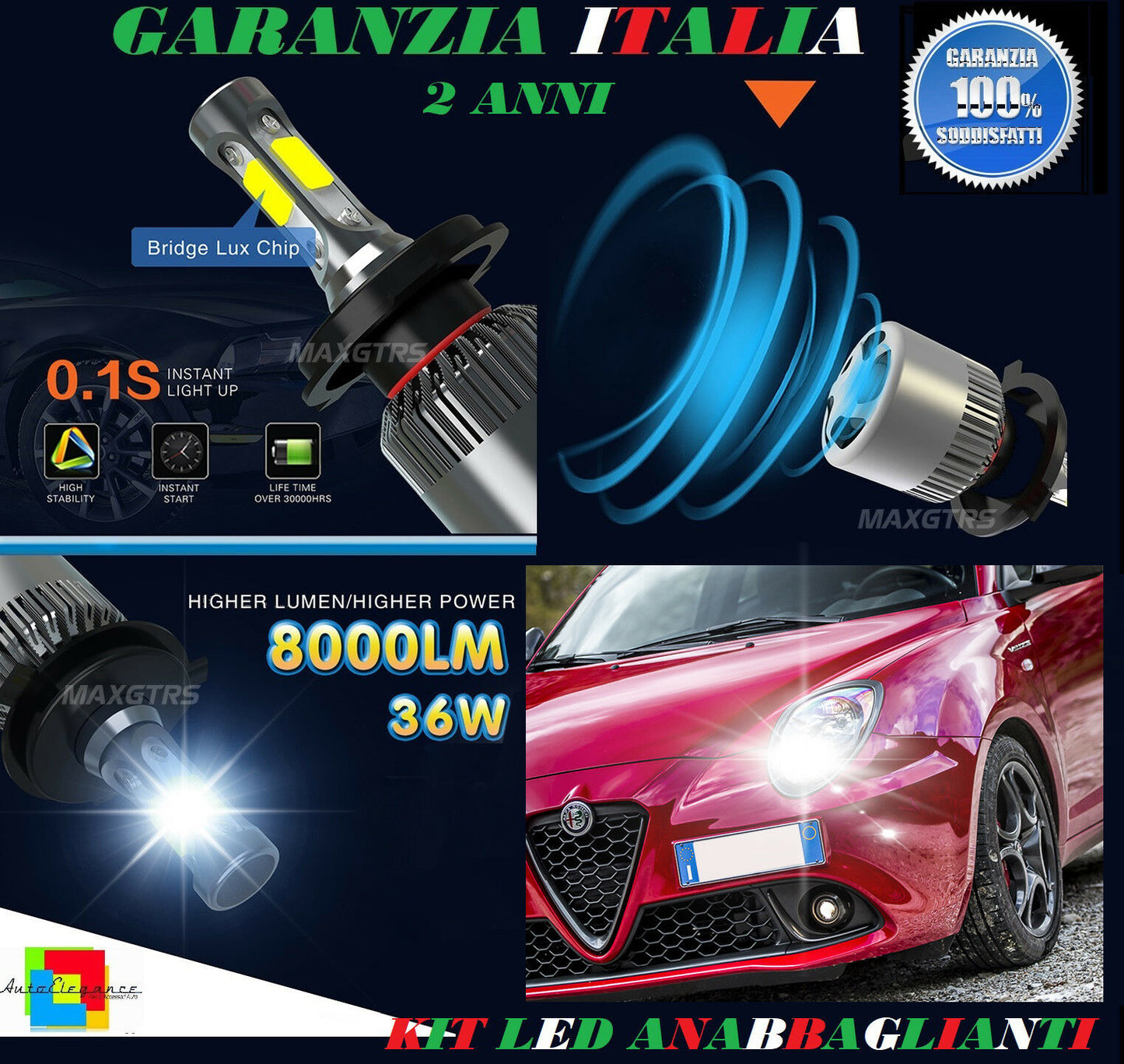 LAMPADE ANABBAGLIANTI 36W LED ALFA ROMEO MITO 2008+ LAMPEGGIO ISTANTANEO 6000K