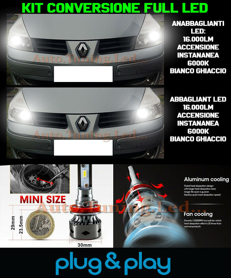 LAMPADE ANABBAGLIANTI + ABBAGLIANTI LED 16.000LM PER RENAULT ESPACE IV