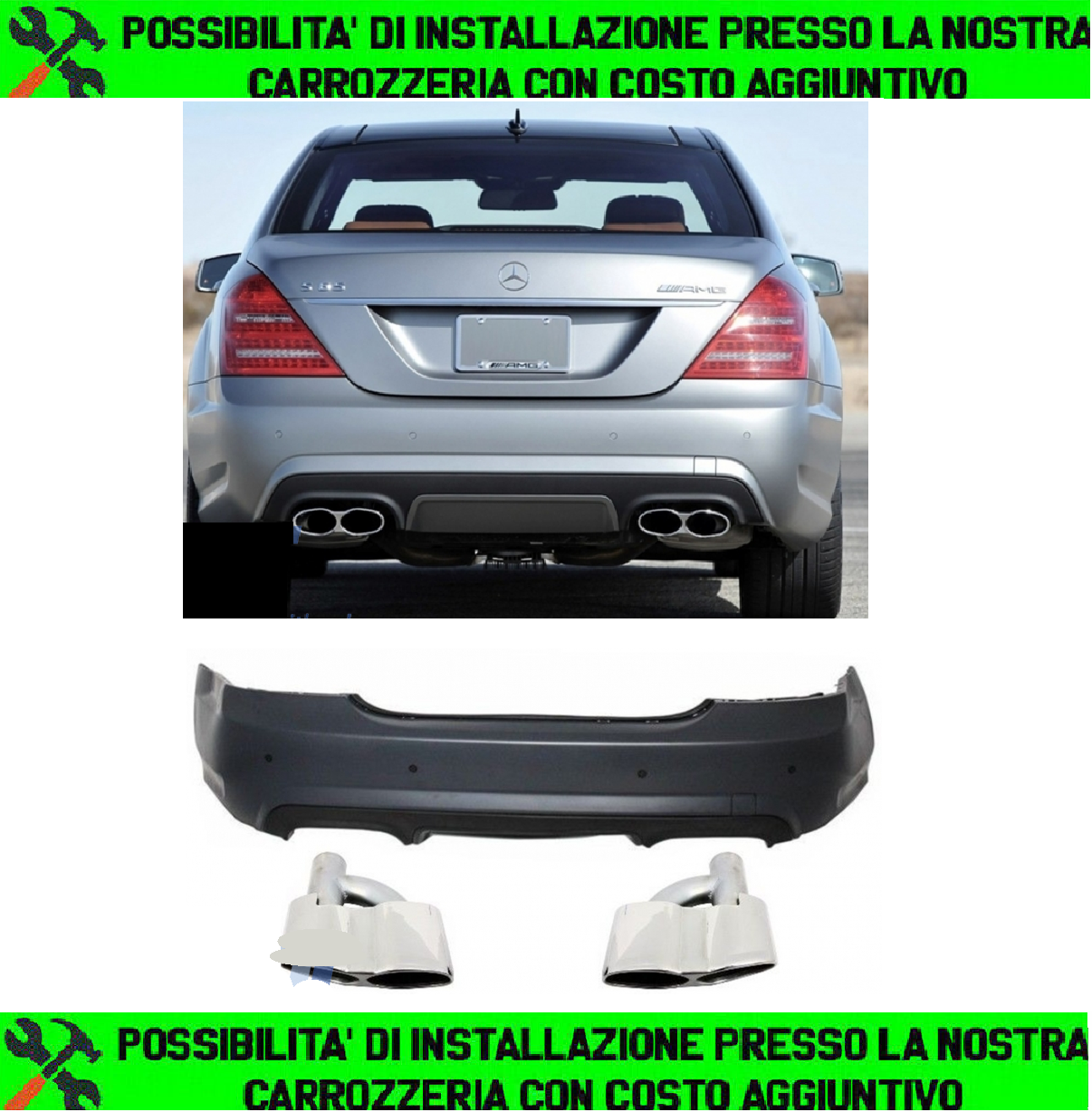 PARAURTI POSTERIORE A-DESIGN Mercedes CLASSE S W221 05-11 CON TERMINALI CROMATI IN ACCIAIO INOX