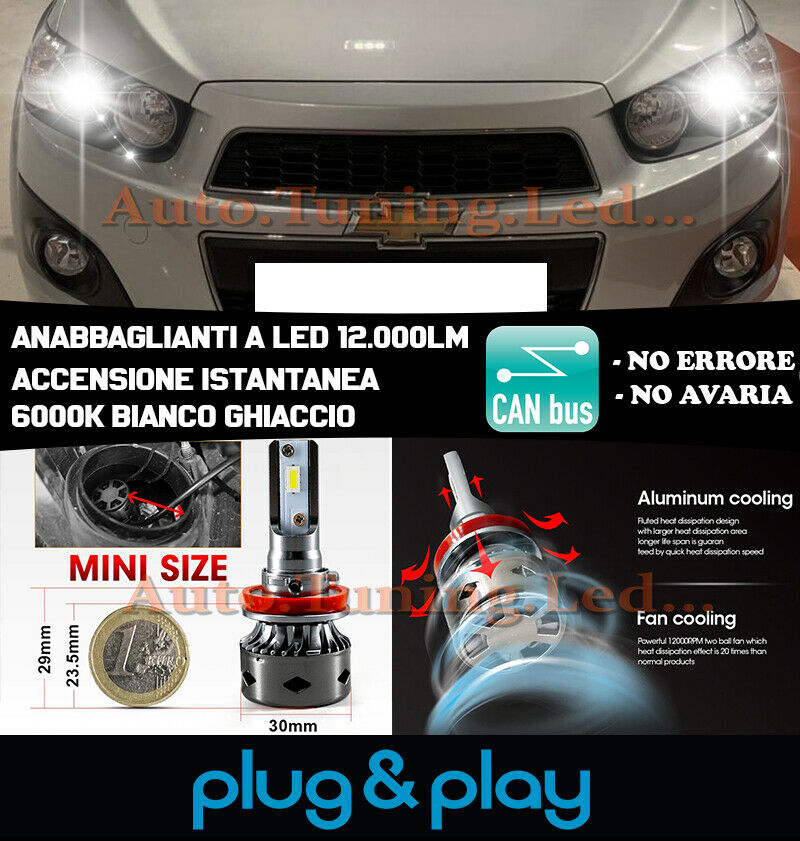 LAMPADE ANABBAGLIANTI LED CHEVROLET AVEO ISTANTANEO NO AVARIA 12.000LM