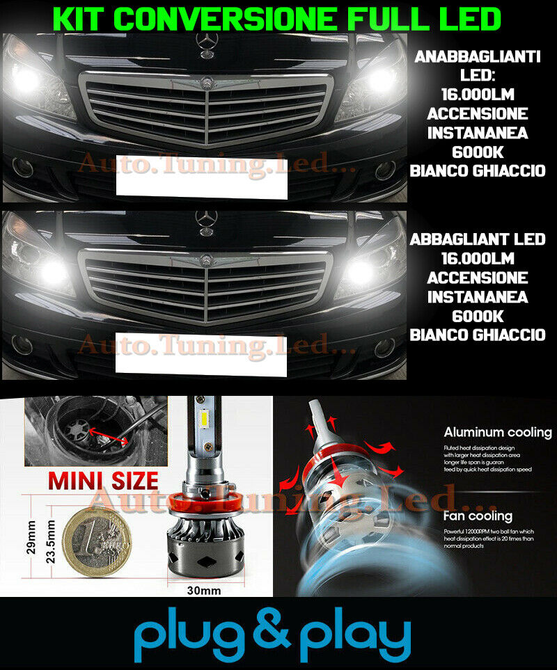 LAMPADE ANABBAGLIANTI + ABBAGLIANTI LED 16.000LM PER MERCEDES CLASSE C W204