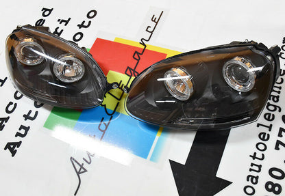 VW GOLF 5 V 03-08 FARI ANTERIORI NERI ANGEL EYES BIANCHI A LED LOOK GTI NO ERROR