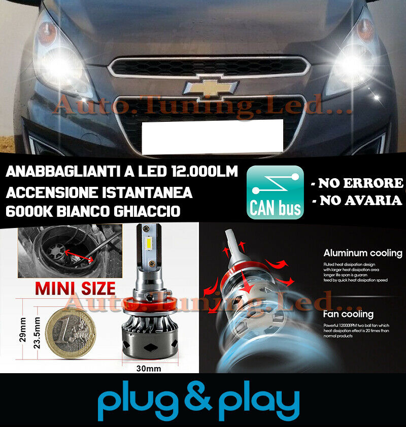 LAMPADE ANABBAGLIANTI LED CHEVROLET SPARK ISTANTANEO NO AVARIA 12.000LM