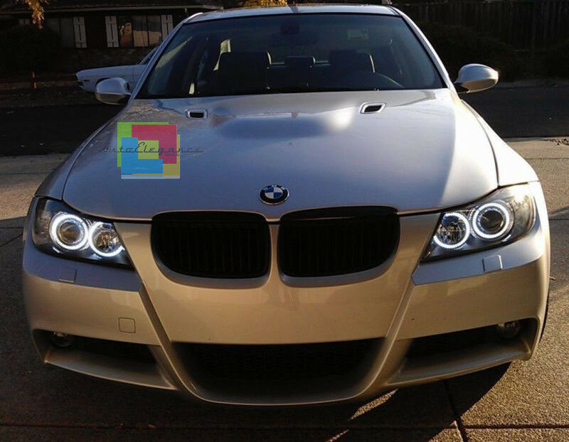 BMW SERIE 3 E90 E91 2004-2011 FARI NERI CON ANELLI ANGEL EYES LED BIANCHI -. AUTOELEGANCERICAMBI