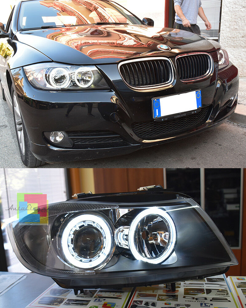 BMW SERIE 3 E90 E91 2004-2011 FARI NERI CON ANELLI ANGEL EYES LED BIANCHI -. AUTOELEGANCERICAMBI