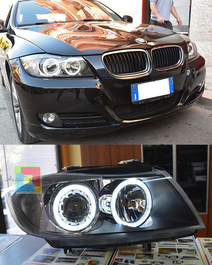BMW SERIE 3 E90 E91 2004-2011 FARI NERI CON ANELLI ANGEL EYES LED BIANCHI -. AUTOELEGANCERICAMBI