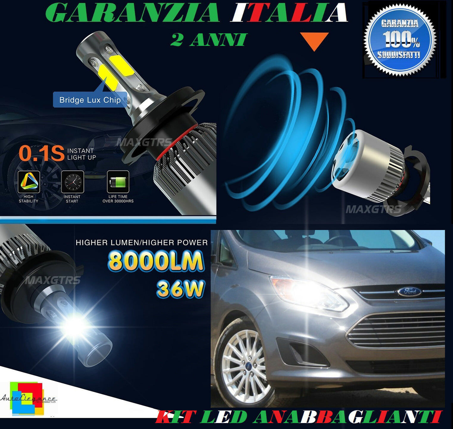 LAMPADE ANABBAGLIANTI 36W LED FORD C-MAX II 2011 IN POI ISTANTANEO 6000K